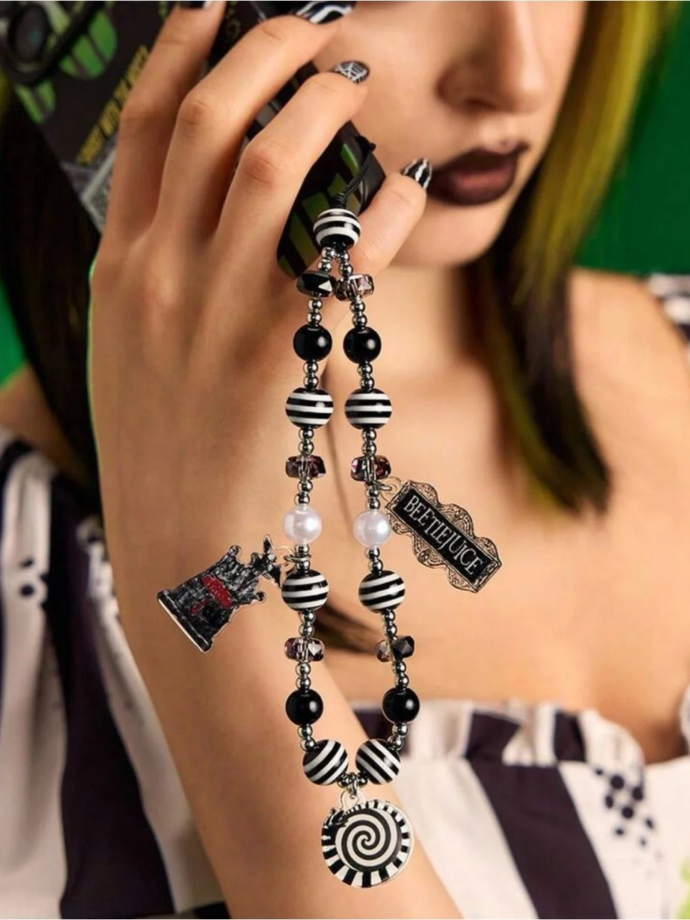 Beetlejuice-Inspired Black & White Charm keychain or card holder